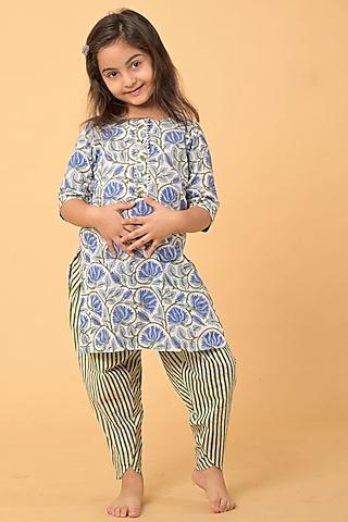 blue & green printed dhoti set for girls