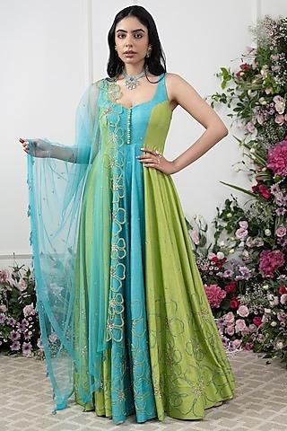 blue & green raw silk embroidered & color blocked anarkali set