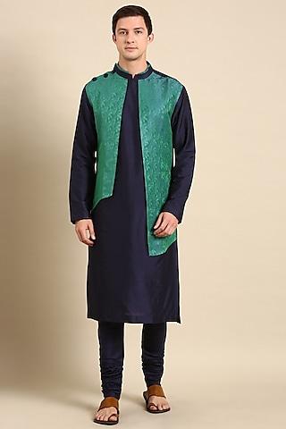 blue & green silk jacquard kurta set