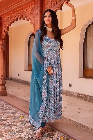 blue & grey rayon embroidered anarkali set