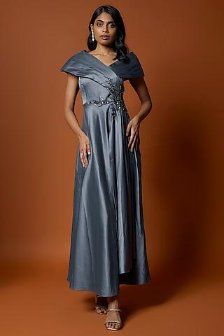 blue & grey satin embroidered gown