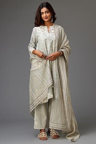 blue & grey silk chanderi printed a-line kurta set