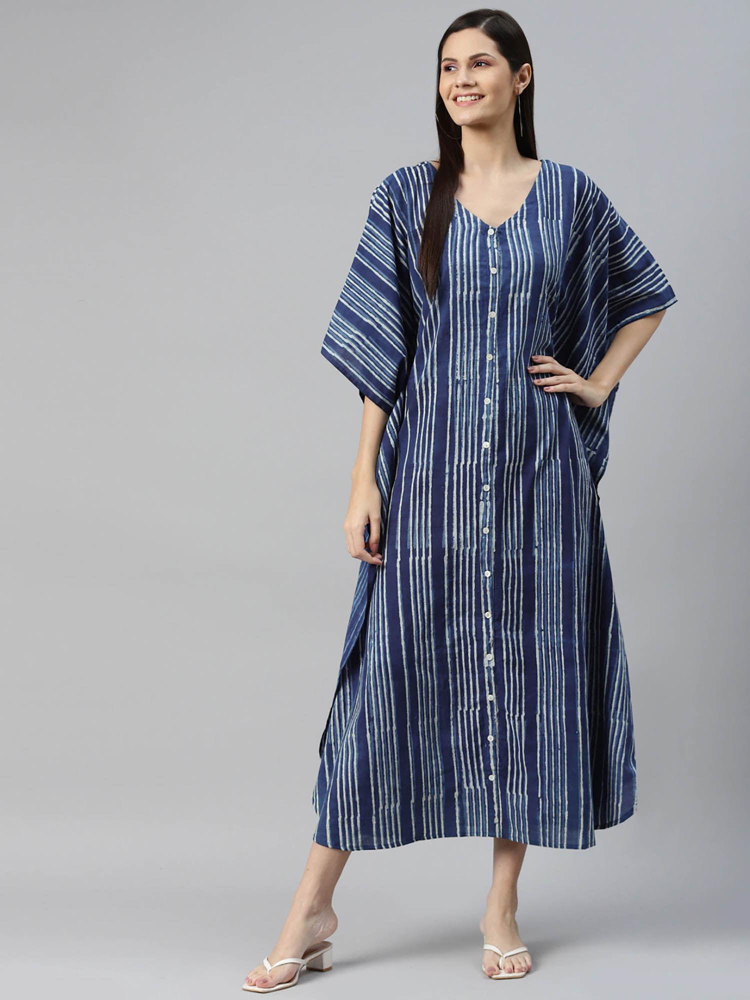 blue & grey striped kaftan dress