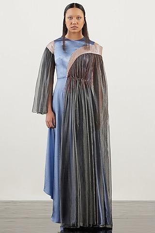 blue & grey textured satin embroidered dress