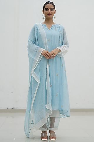 blue & ivory handwoven chanderi resham embroidered kurta set