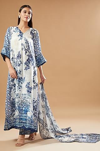 blue & ivory silk printed kurta set