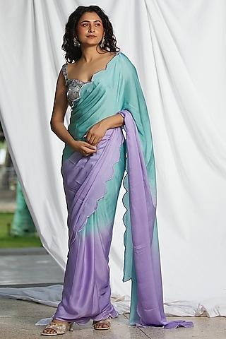 blue & lavender bemberg satin ombre saree set