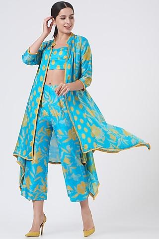 blue & mango yellow silk cape set