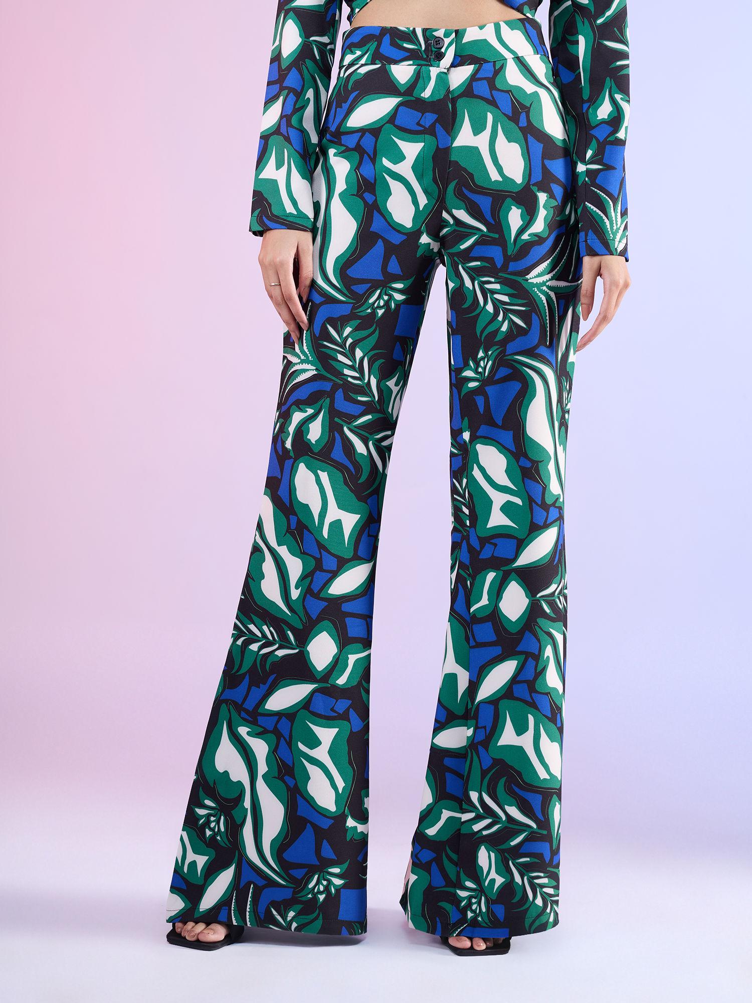 blue & multi-color abstract fit and flare pant