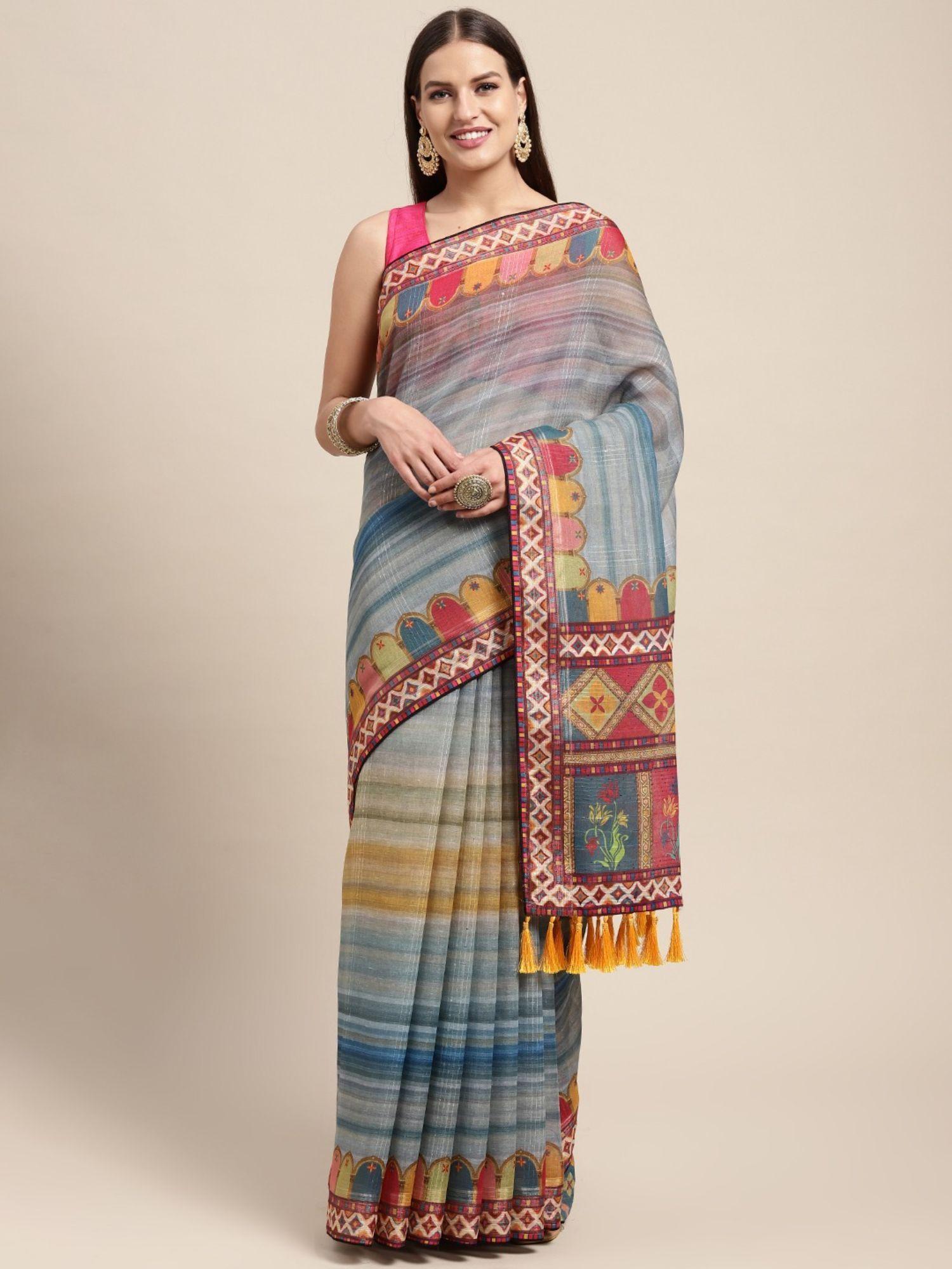 blue & multicoloured kalamkari linen blend block print saree with unstitched blouse