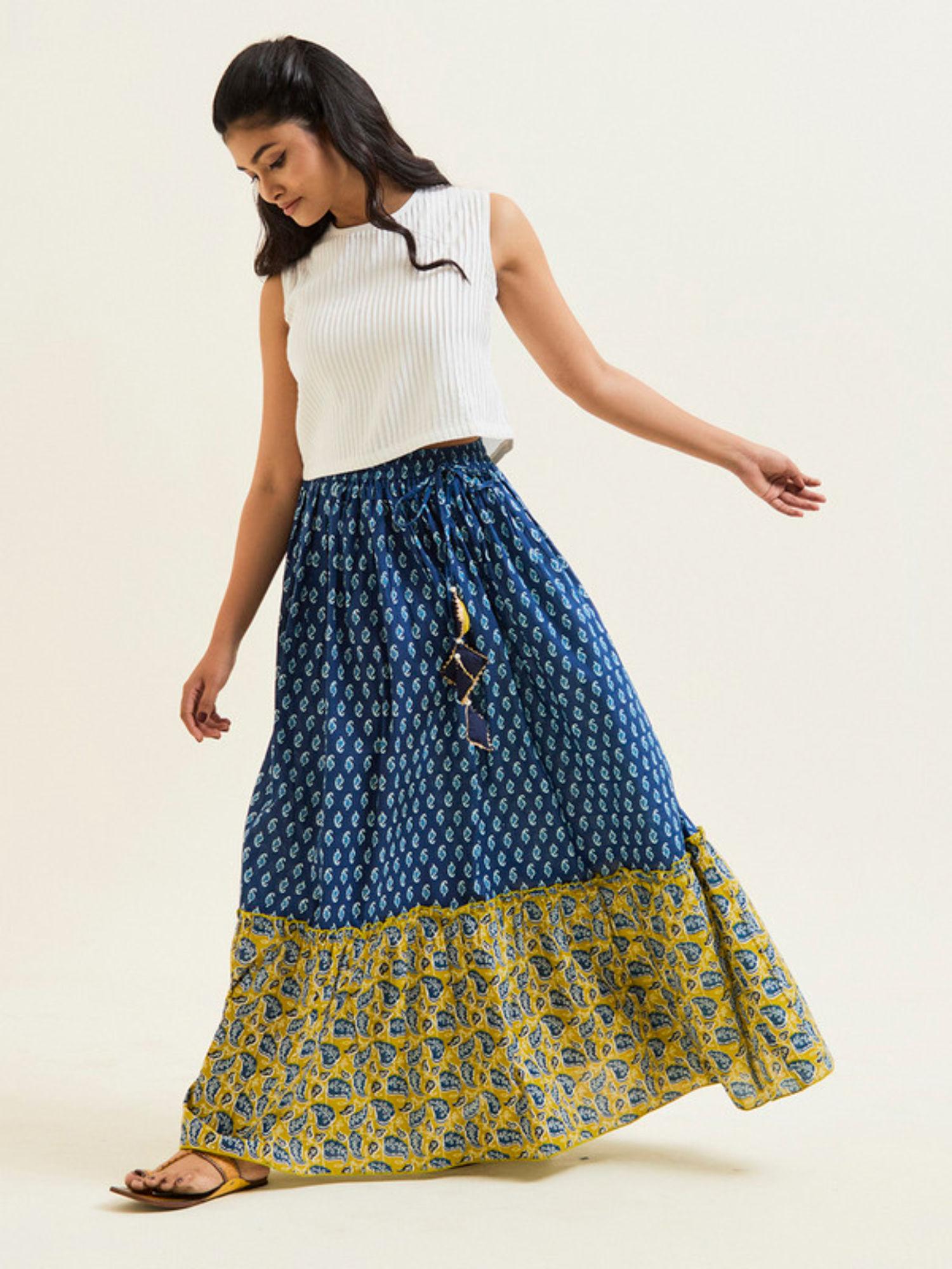 blue & mustard ethnic printed cotton skirt