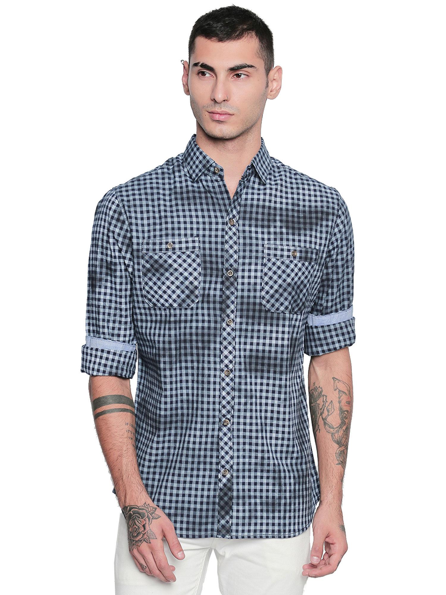 blue & navy cotton full sleeve checkered shirt for men