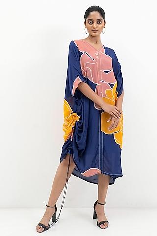 blue & ochre yellow crepe modal floral printed dress