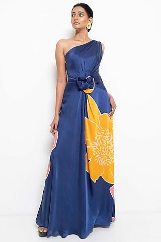 blue & ochre yellow modal satin floral printed draped dress