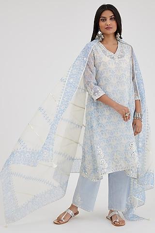 blue & off-white cotton chanderi embroidered & printed kurta set