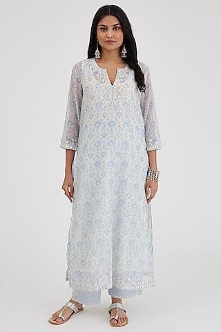 blue & off-white cotton chanderi embroidered & printed kurta set