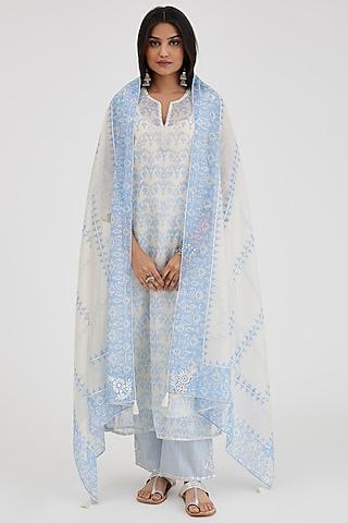 blue & off-white cotton chanderi embroidered & printed kurta set