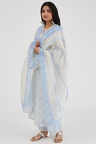 blue & off-white cotton chanderi embroidered & printed long kurta set