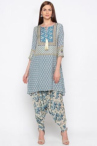 blue & off white embroidered printed kurta with dhoti pants