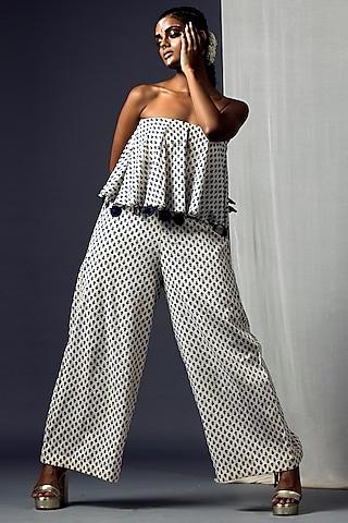 blue & off white printed pant set for girls