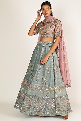 blue & onion pink embroidered lehenga set