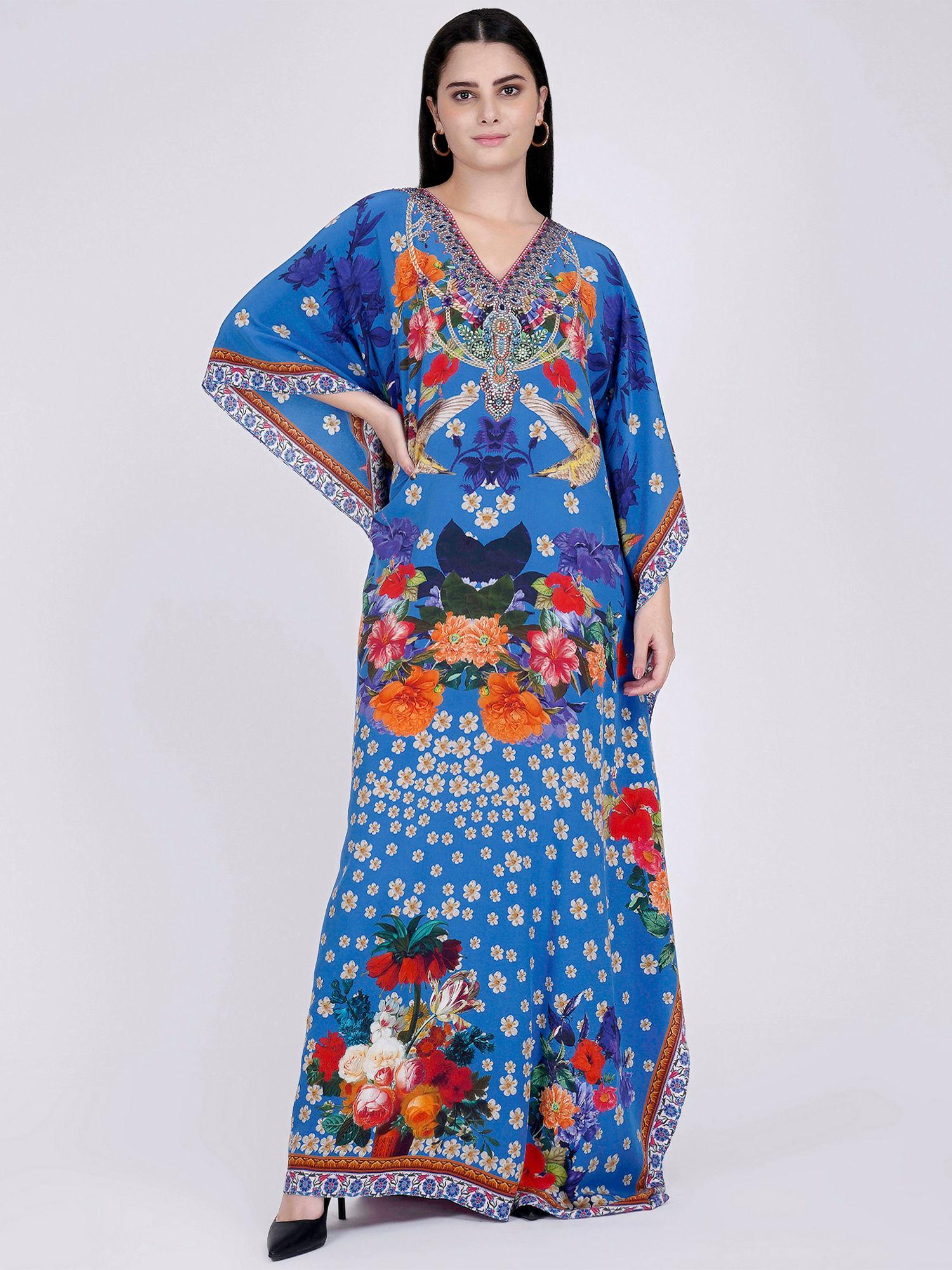 blue & orange floral print embellished silk full length kaftan