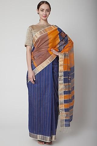 blue & orange saree set with floral motifs