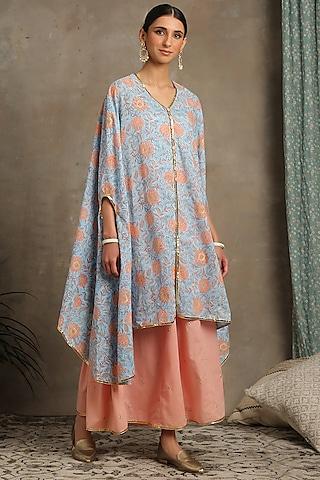 blue & peach cape set with zari hand work