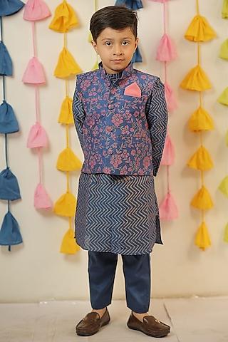 blue & pink chanderi block printed nehru jacket set for boys