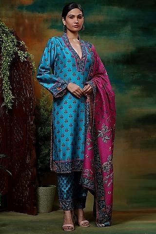 blue & pink chanderi silk digital printed kurta set
