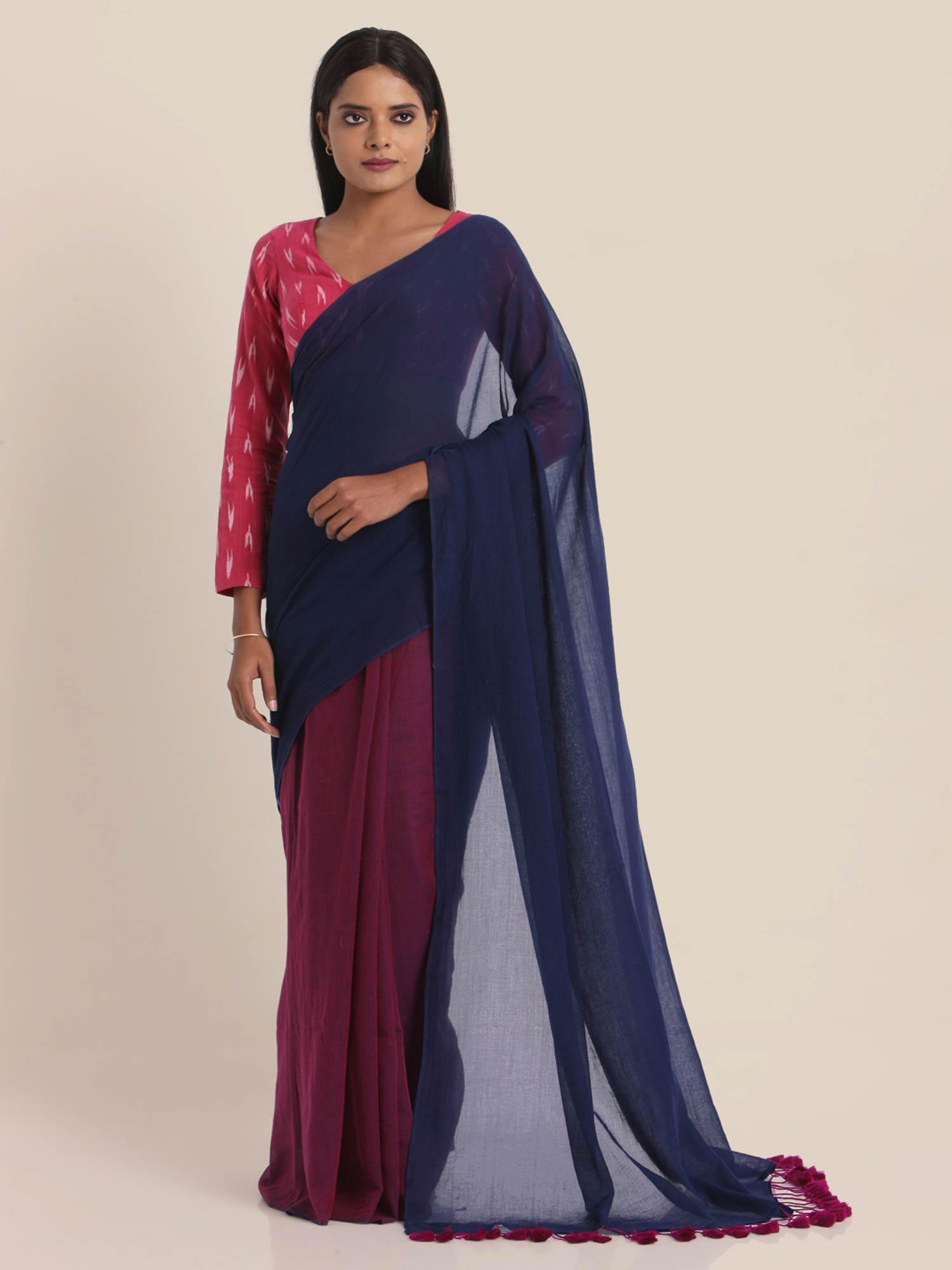 blue & pink colourblocked pure cotton saree without blouse