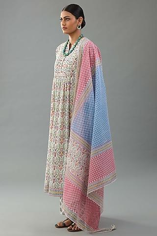 blue & pink cotton hand block printed kurta set