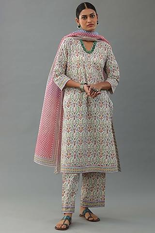 blue & pink cotton hand block printed kurta set