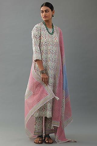 blue & pink cotton hand block printed kurta set