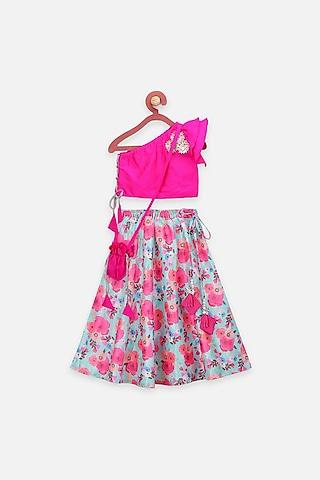 blue & pink floral lehenga set for girls