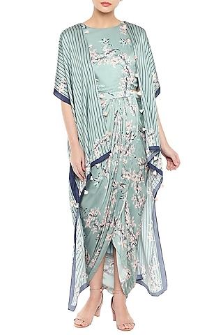 blue & pink printed drape dress with long cape