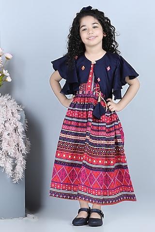 blue & pink printed dress with jacket for girls
