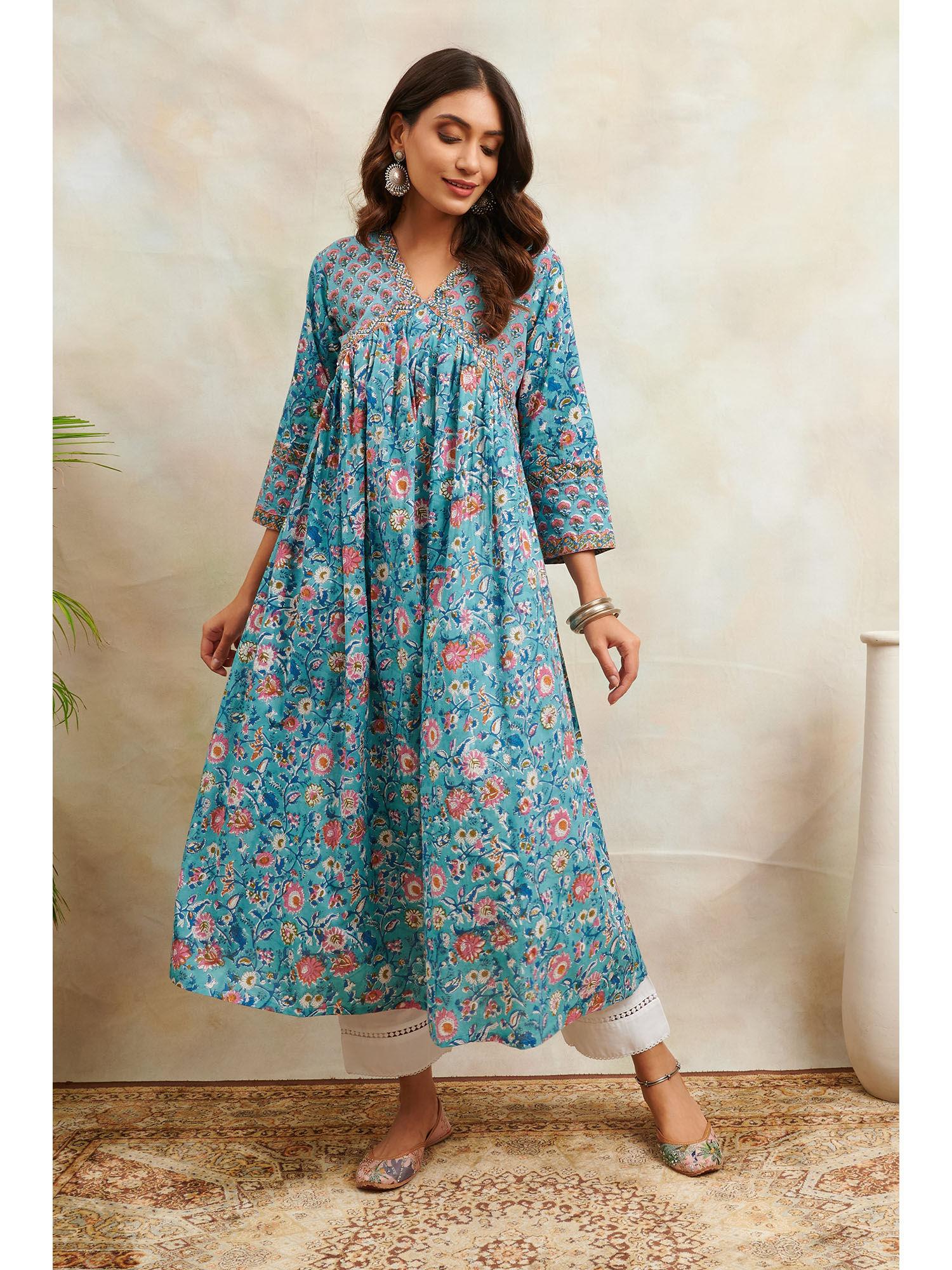 blue & pink sanganeri 'a' line kurta