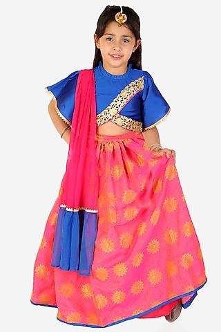 blue & pink silk jacquard lehenga set for girls