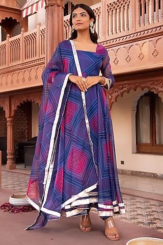 blue & purple organza bandhej printed anarkali set