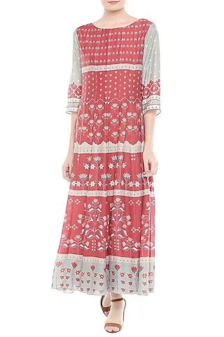 blue & red printed anarkali with dupatta