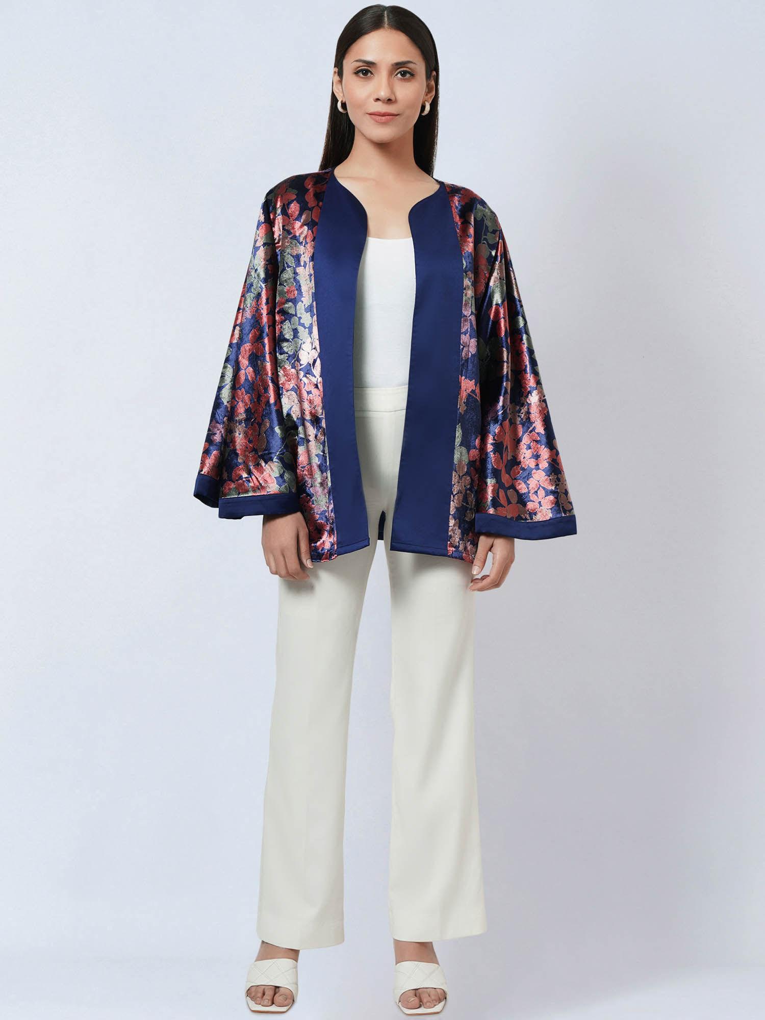 blue & rose gold floral velvet jacket