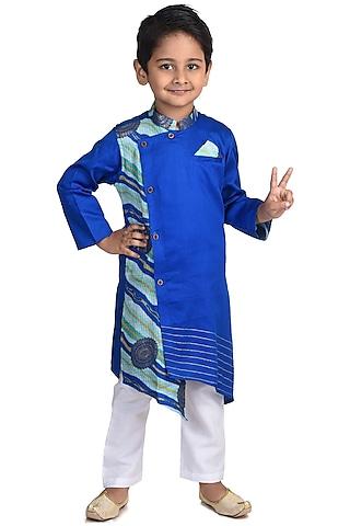 blue & sea green printed kurta set for boys