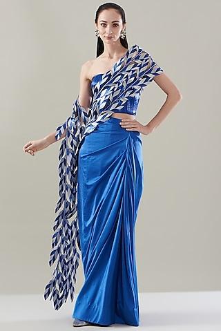 blue & silver cord embroidered saree set