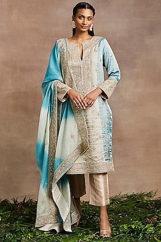 blue & silver handwoven silk tissue hand embroidered kurta set
