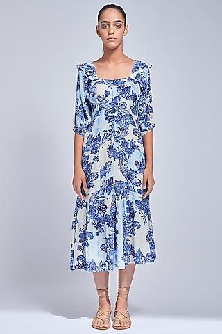 blue & white block printed gathered dress
