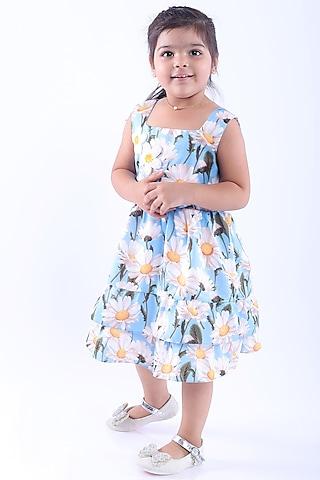 blue & white cotton blend printed layered dress for girls