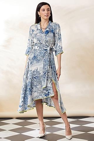 blue & white cotton digital printed dress