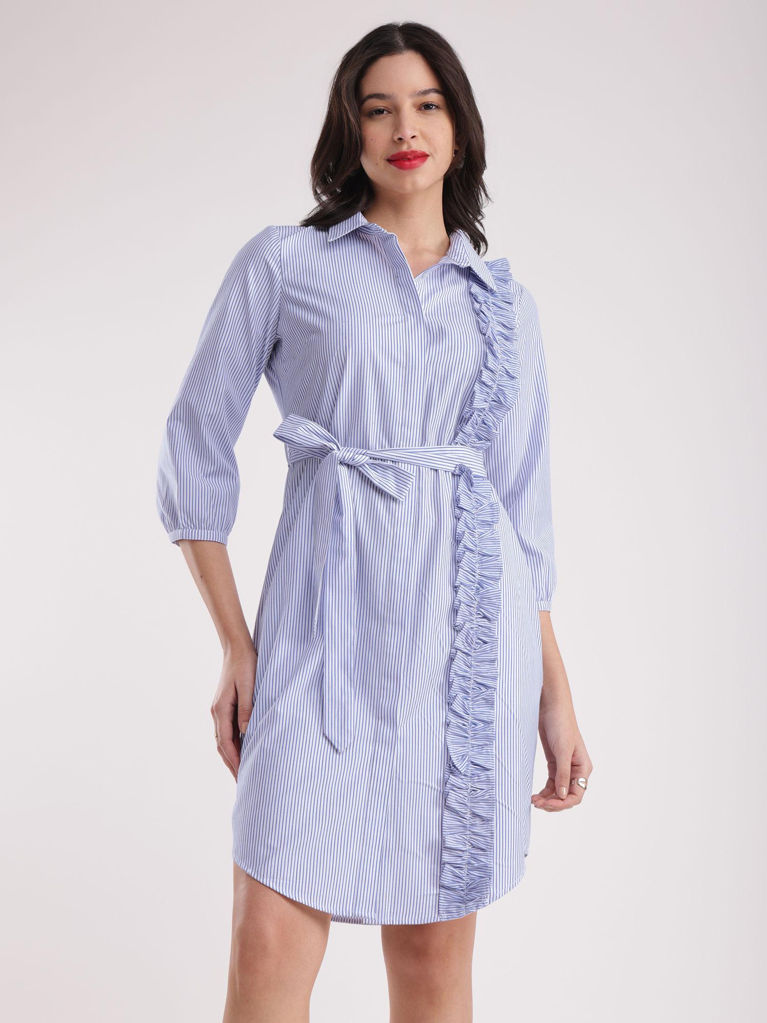 blue & white cotton striped shirt dress with belt (set of 2)