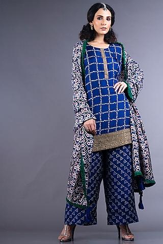 blue & white embroidered kurta set